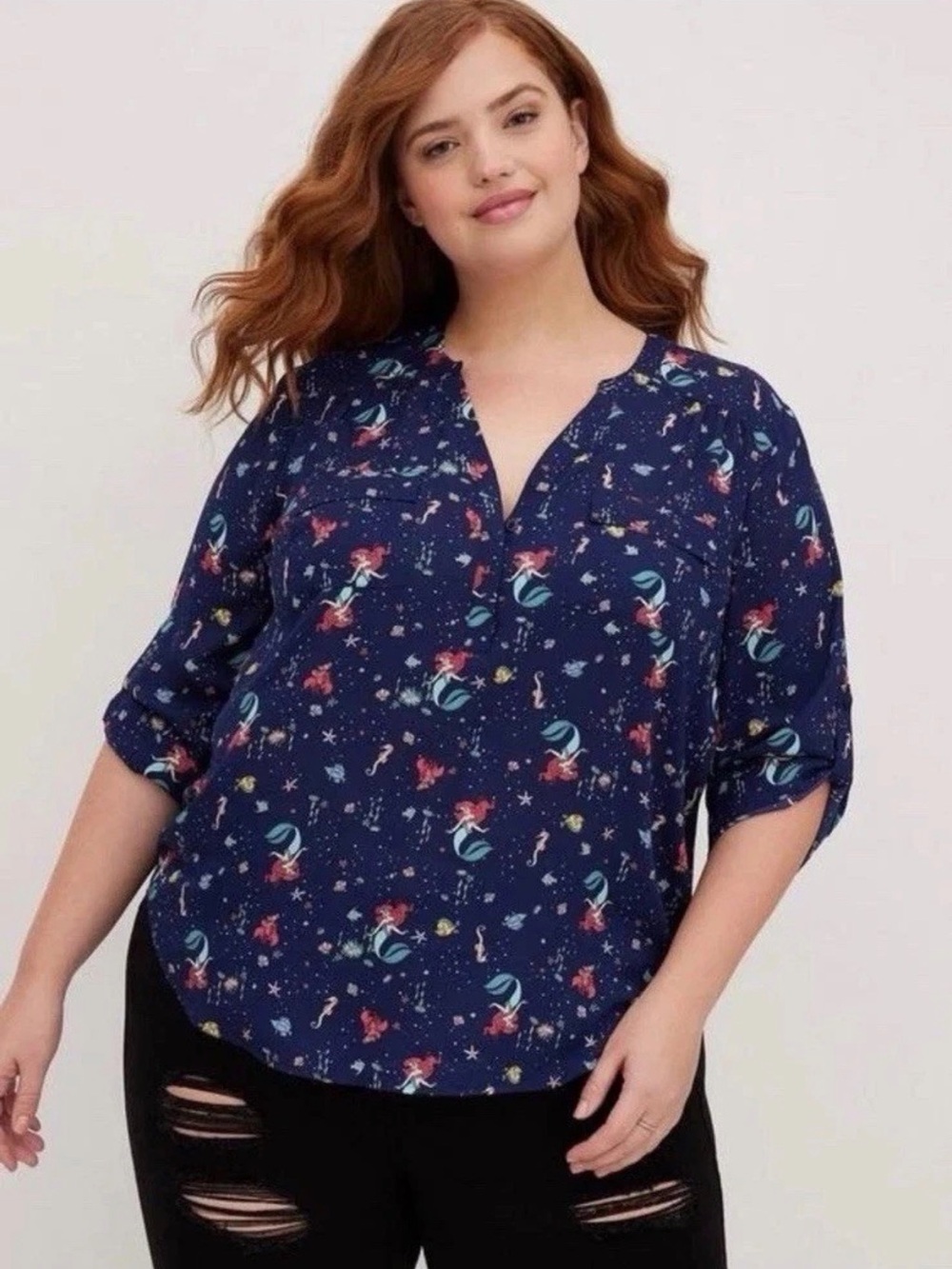 Torrid Disney Princess Ariel Harper Chiffon Blouse Navy Little Mermaid Size 2X